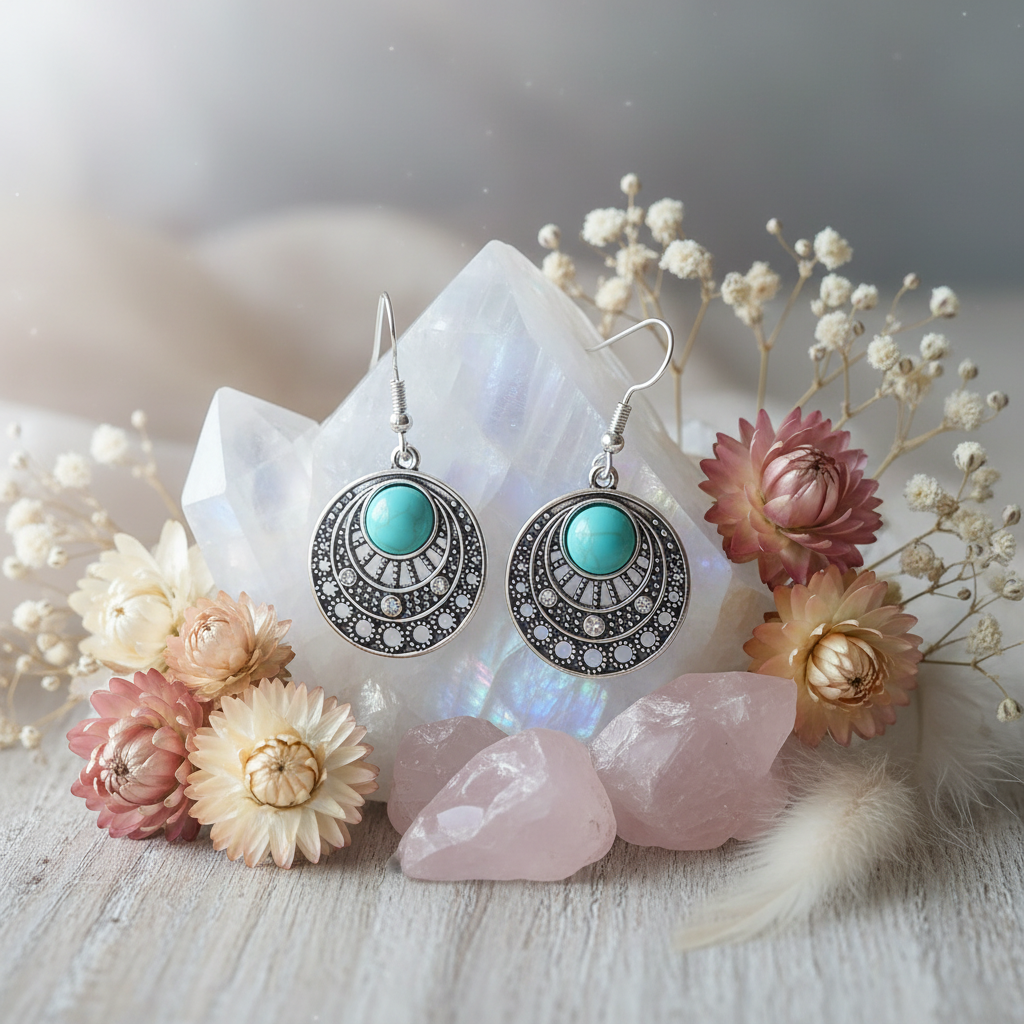 Earrings with moonstone and dried flowers