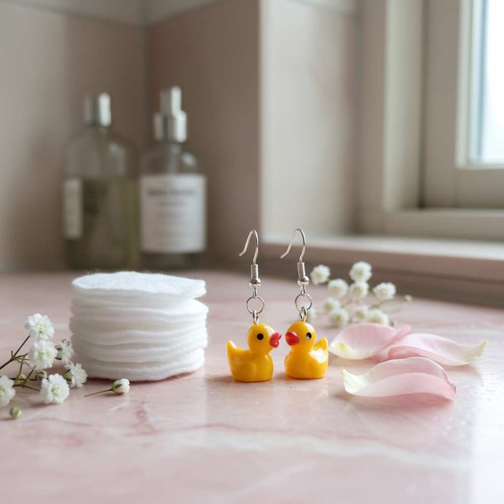 Entchen-Ohrringe auf rosa Badezimmer-Counter