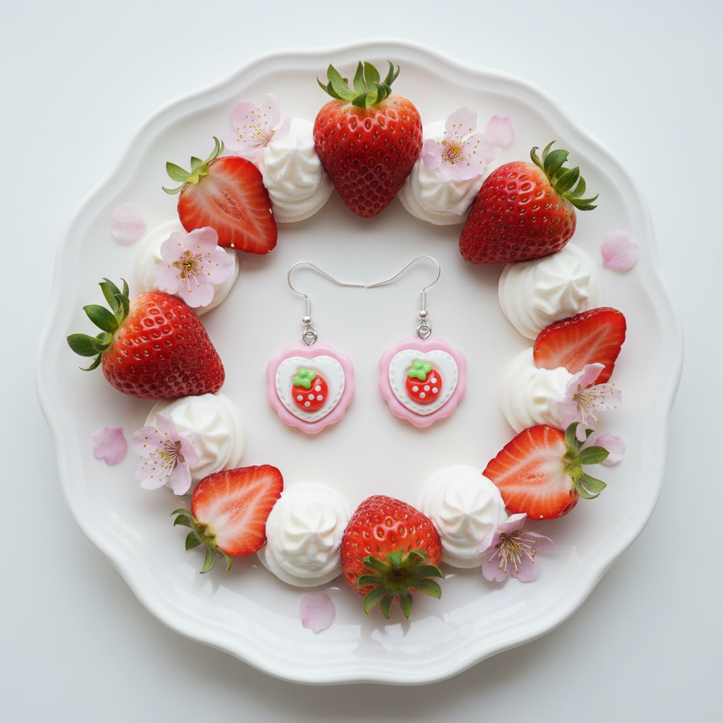 Erdbeer-Ohrhänger Flat Lay mit Dessertteller