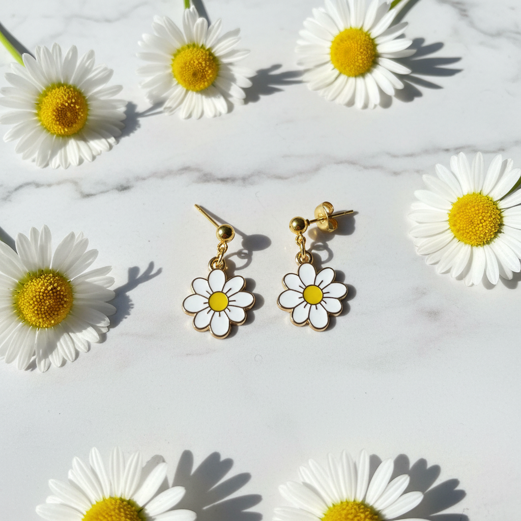Gänseblümchen-Ohrstecker auf Marmor mit frischen Blumen