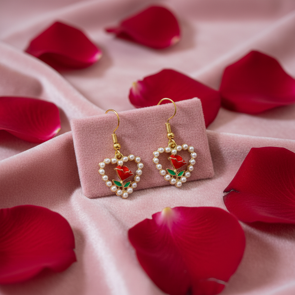 Ohrringe auf rosa Samt mit Rosenblättern