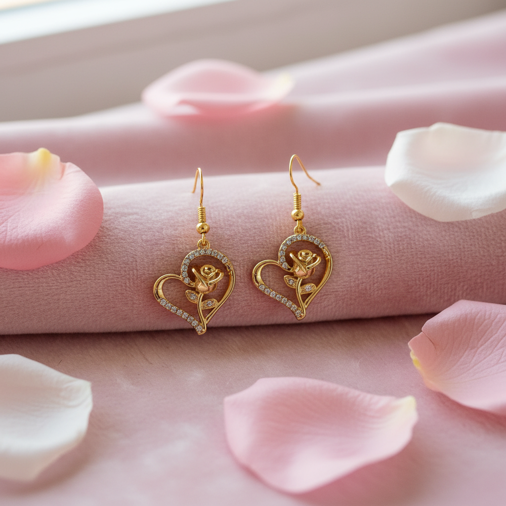 Ohrringe auf rosa Samt mit Rosenblättern