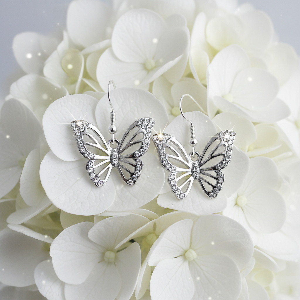 Schmetterlings-Ohrringe mit Glitzer auf Hortensien