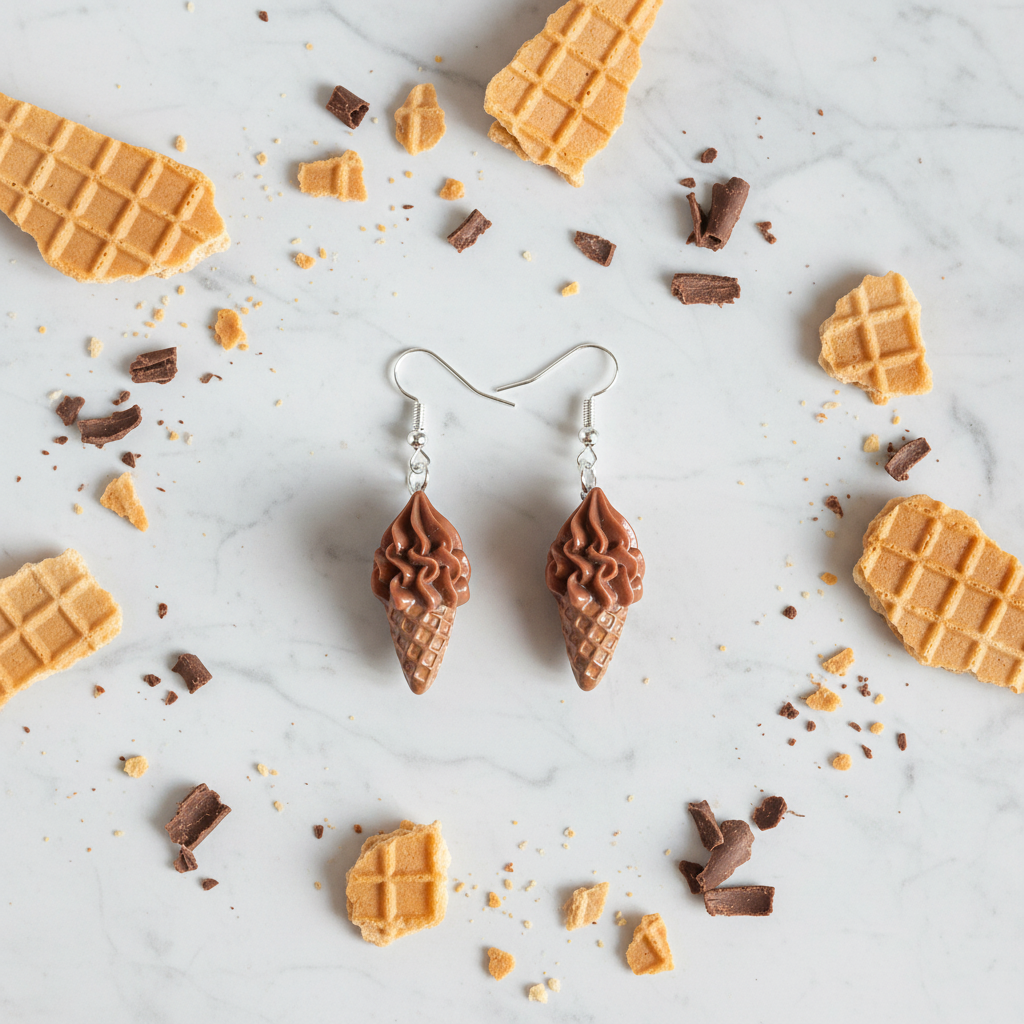 Schokoeis-Ohrhänger Flat Lay mit Waffel