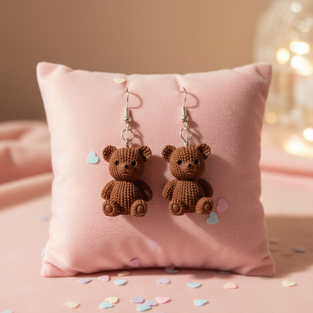 Teddybär-Ohrhänger auf rosa Samt
