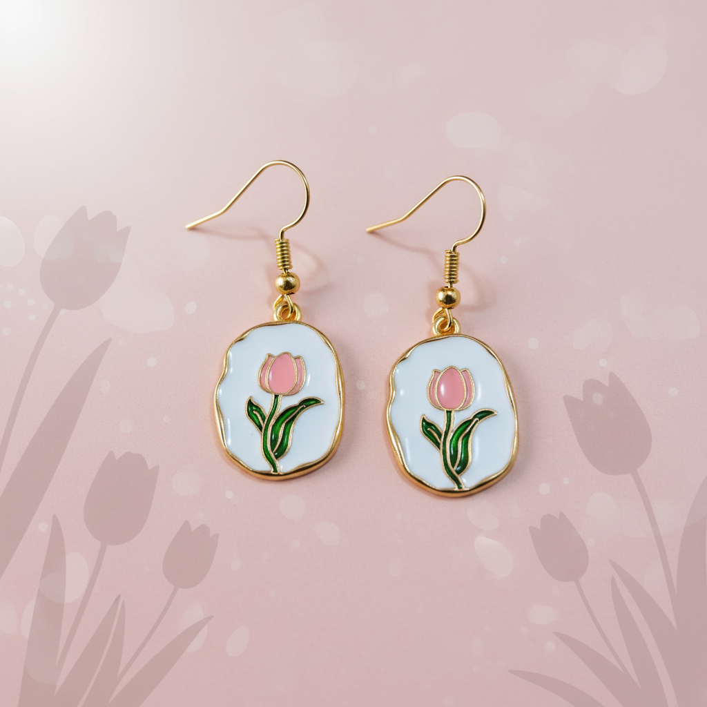 Tulpen-Ohrhänger auf blush-rosa Hintergrund