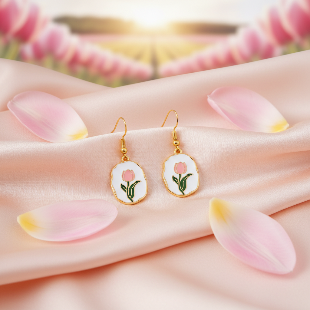 Tulpen-Ohrhänger auf pfirsichfarbener Seide